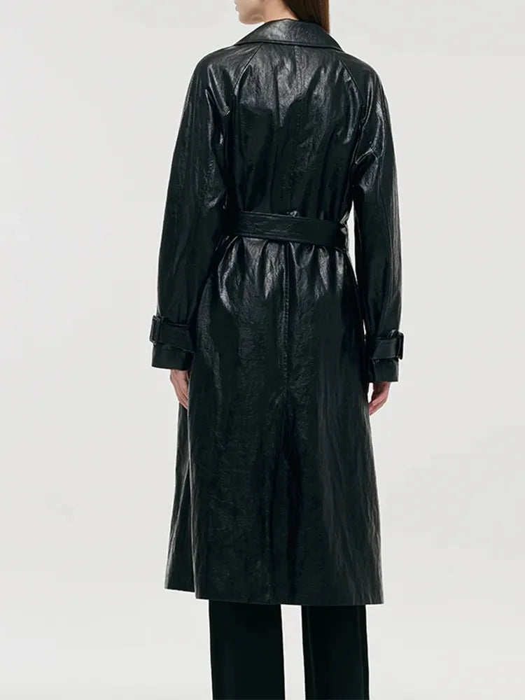 PU Leather Women Long Trench Coat