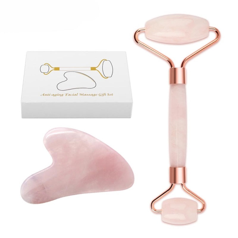 Natural Rose Quartz Jade Roller Gua Sha Set Facial Body Massager Roller Jade Stone Massage Set Face Lifting Beauty Massage Tools
