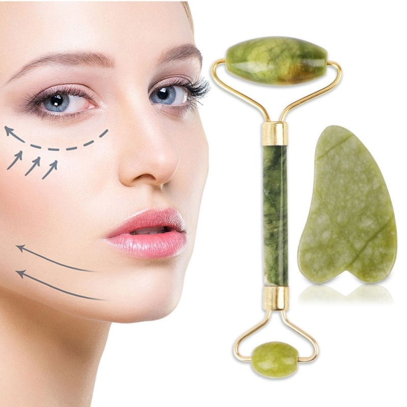 2pcs Facial Massage Roller Guasha Board Double Heads Jade Stone Body Slimming Massager Beauty Thin Face Body Lifting