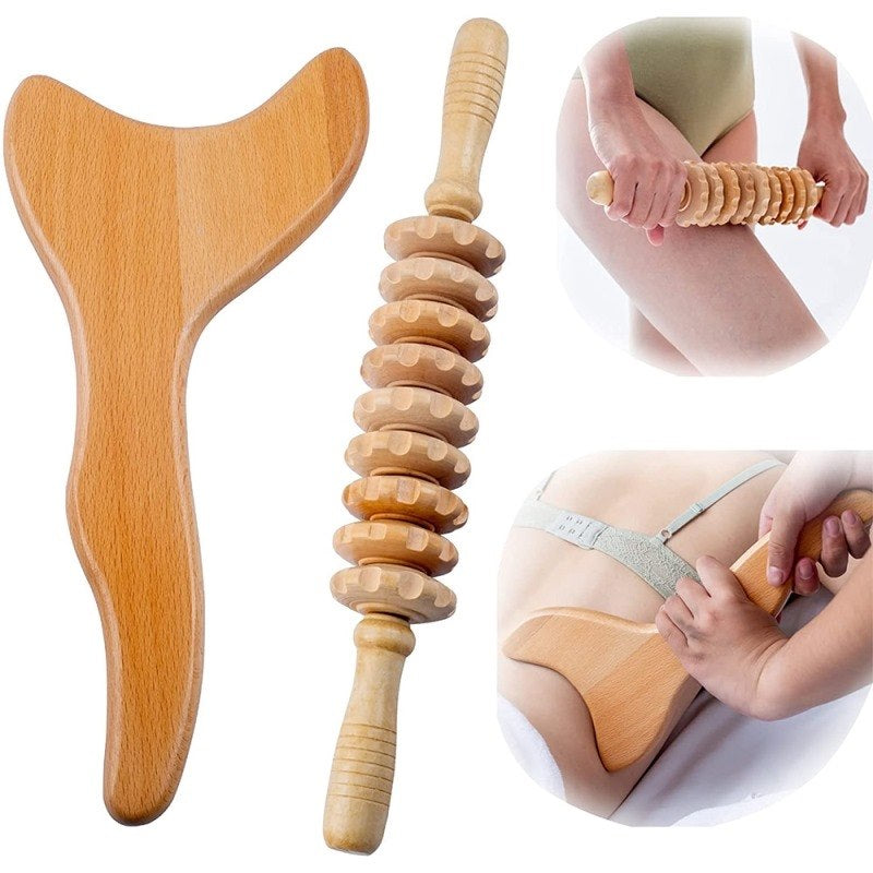 2Pcs Wooden Roller Stick Scraping Board Massager, Wood Therapy Massage Tools for Back Waist Anti Cellulite Lymphatic Drainage