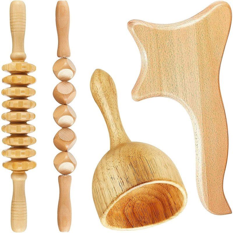 4Pcs Wood Massager Lymphatic Drainage Anti Cellulite Cupping Gua Sha Full Body Massage Roller for Fascia Muscle Pain Relief