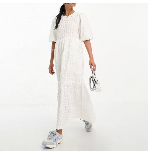 Waffle Fabric Casual Dress for Zar Clothing women Relaxed Fit Puff Sleeve Crinkle Smock Maxi Dress Plus Size