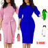 Women's Fashion Slim Casual Crew Neck Long Sleeve Work Office Business Bodycon Ruched Pencil Package Hip Midi Dress