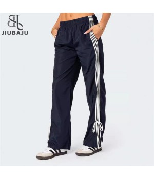 Women Side Striped Bow Loose Sweatpants Elastic Low Waist Active Long Pants with Side Pocket Streetwear Sporty Bottoms