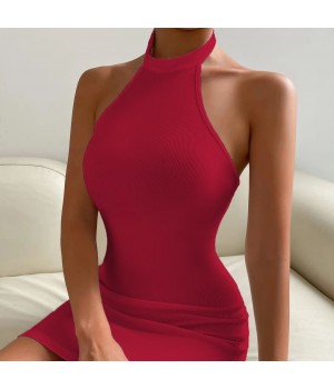 2025 European and American Women's Sexy Backless Collar Hip Dress New Party Dress with Sleeveless Knitting Fabric Low MOQ