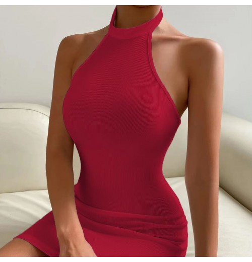 2025 European and American Women's Sexy Backless Collar Hip Dress New Party Dress with Sleeveless Knitting Fabric Low MOQ