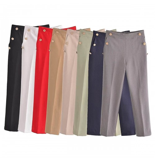 2024 Spring New Button Decoration Solid Color trousers Fashion High Waist Casual pants For women