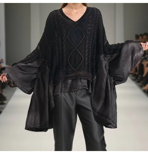 Fashion loose women's knitwear 2024 fall new trend solid color patchwork batsleeve casual women's sweater