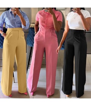 GX6012 New Trendy Solid Color Elegant Casual Ladies High Waist Wide Leg Trousers Women's Straight Pants